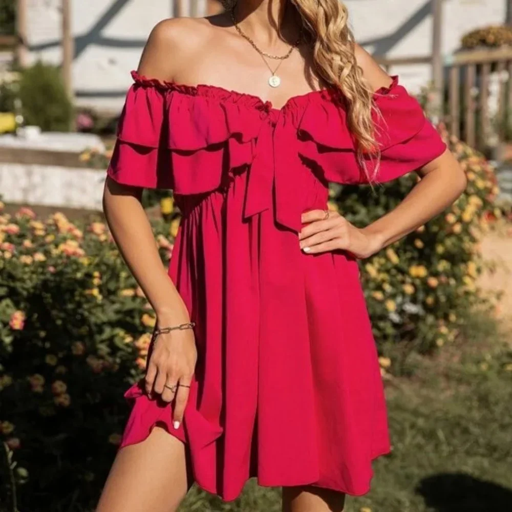 Red Frill Knot Front Ruffle Hem Off Shoulder Dress - Picture 6 of 6